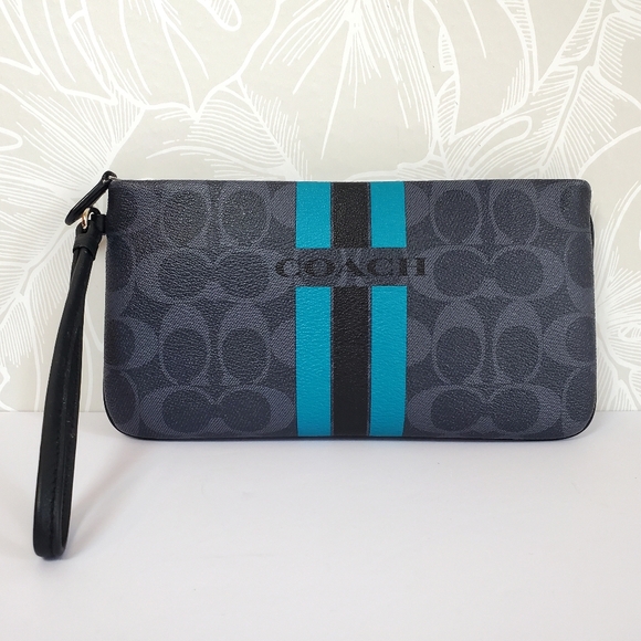 Coach Varsity Stripe Large Wristlet Signature Print Leather Bag Black & Denim - Picture 1 of 9